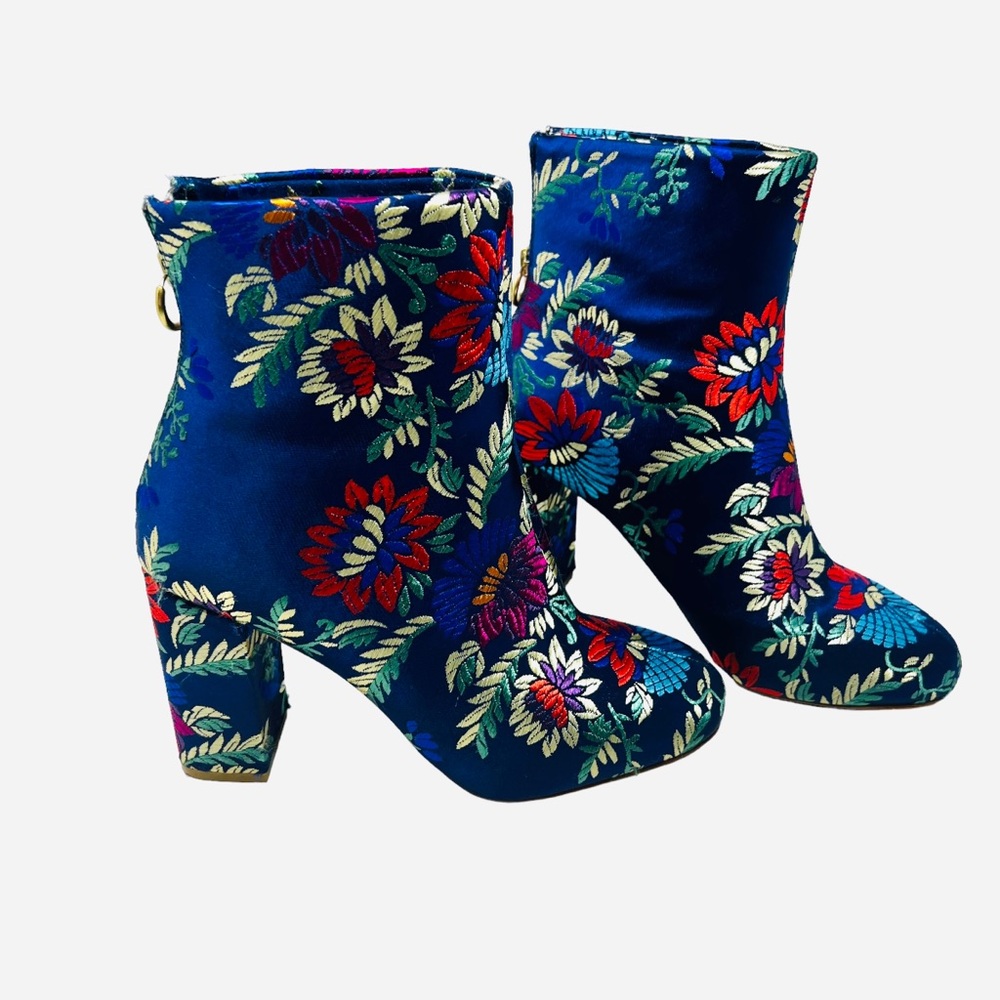 Joie Saleema Floral Embroidered Blue Navy Ankle Boots Size 37